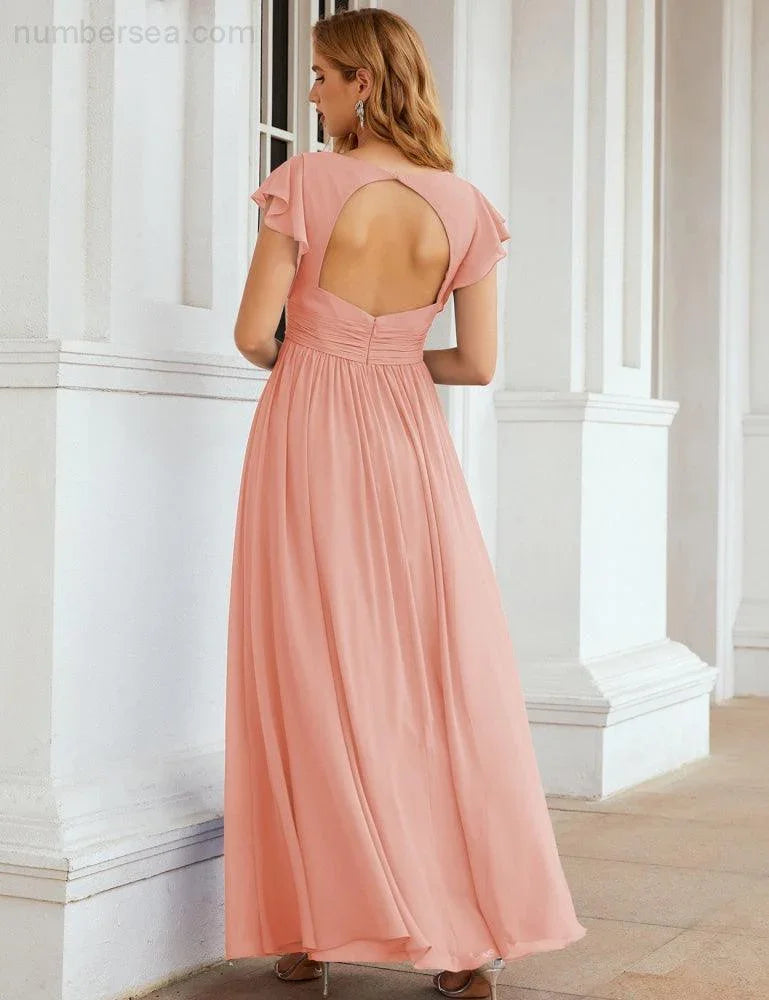 Numbersea V-Neck Bridesmaid Dress Floor Length Backless Formal Evening Dress 28024