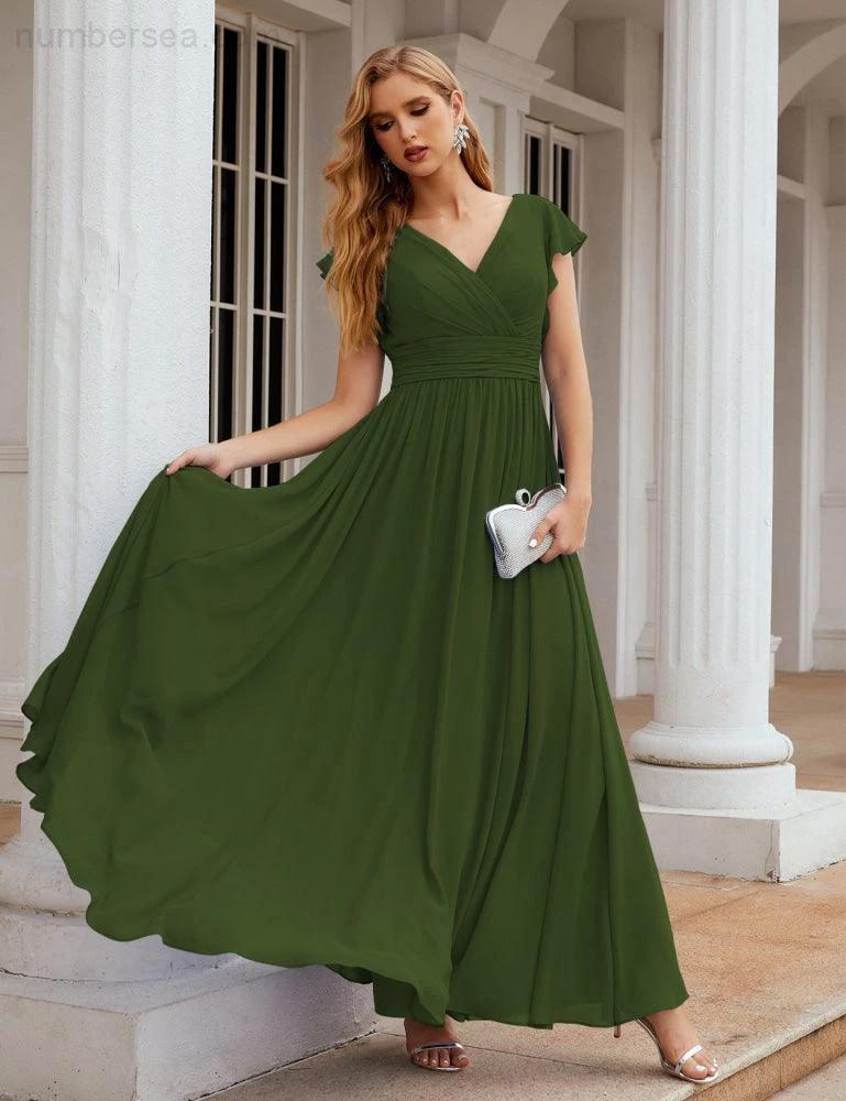 Numbersea V-Neck Bridesmaid Dress Floor Length Backless Formal Evening Dress 28024