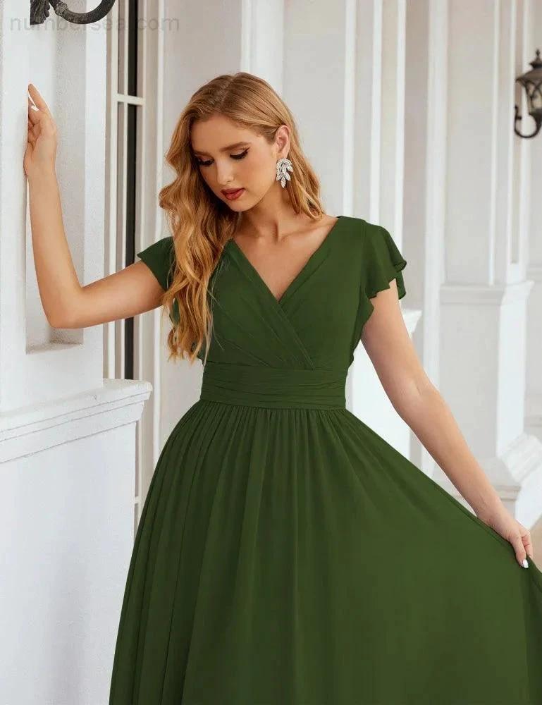 Numbersea V-Neck Bridesmaid Dress Floor Length Backless Formal Evening Dress 28024