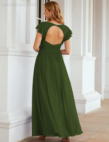 Numbersea V-Neck Bridesmaid Dress Floor Length Backless Formal Evening Dress 28024