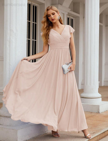 Numbersea V-Neck Bridesmaid Dress Floor Length Backless Formal Evening Dress 28024