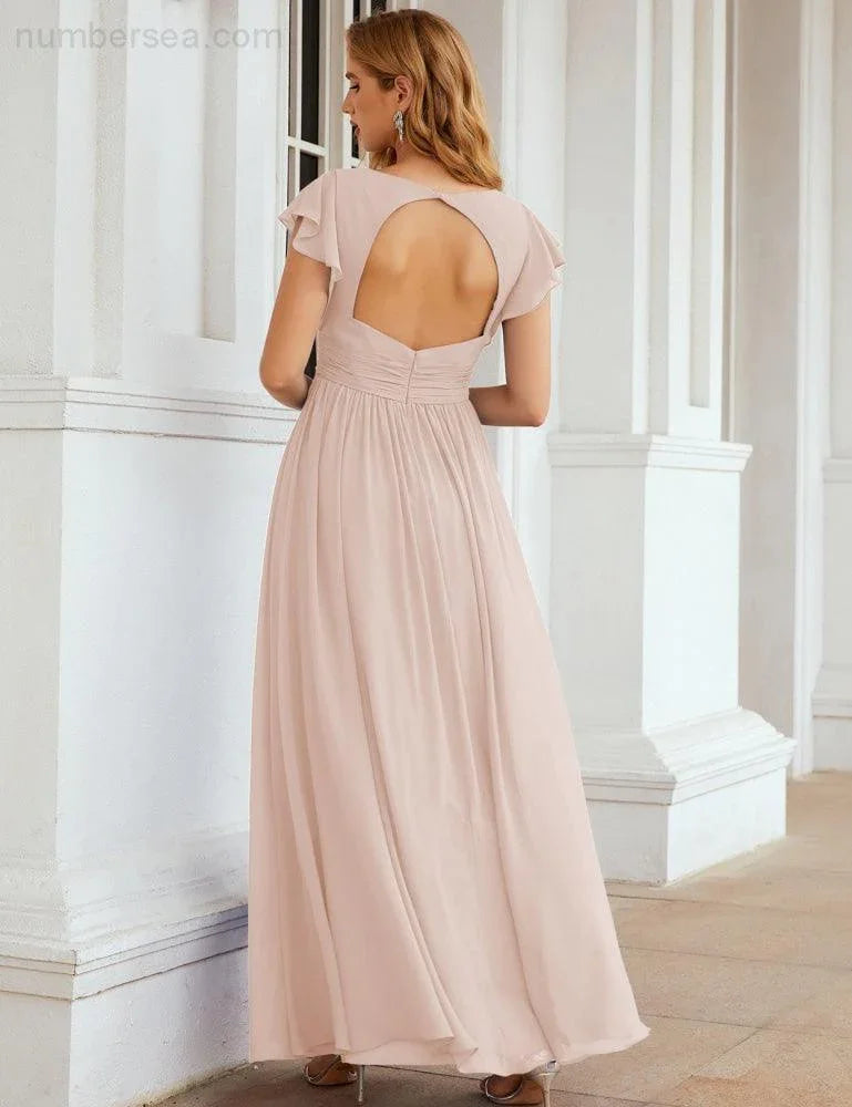 Numbersea V-Neck Bridesmaid Dress Floor Length Backless Formal Evening Dress 28024