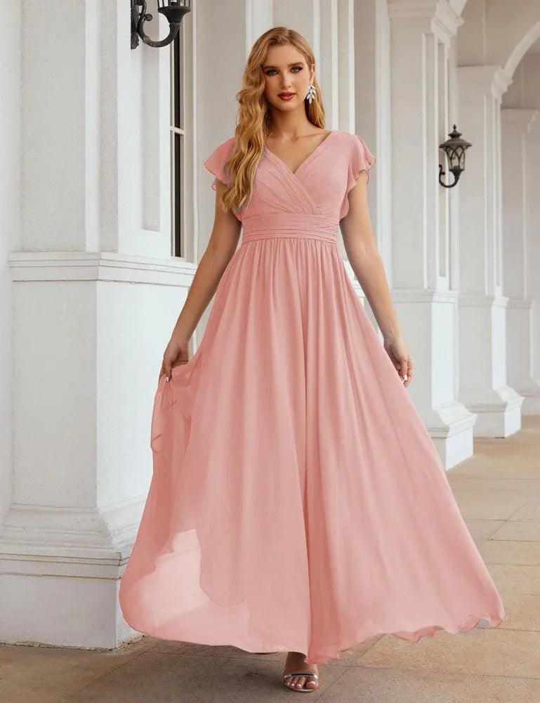 Numbersea V-Neck Bridesmaid Dress Floor Length Backless Formal Evening Dress 28024