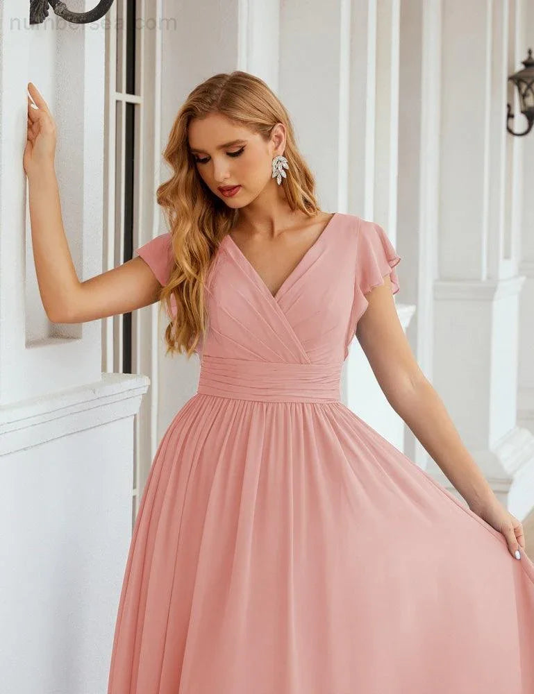 Numbersea V-Neck Bridesmaid Dress Floor Length Backless Formal Evening Dress 28024