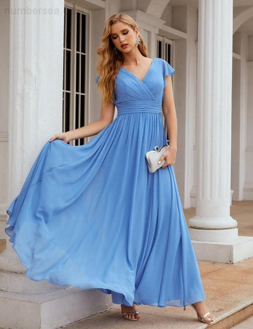 Numbersea V-Neck Bridesmaid Dress Floor Length Backless Formal Evening Dress 28024