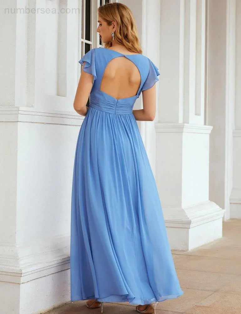 Numbersea V-Neck Bridesmaid Dress Floor Length Backless Formal Evening Dress 28024