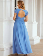 Numbersea V-Neck Bridesmaid Dress Floor Length Backless Formal Evening Dress 28024