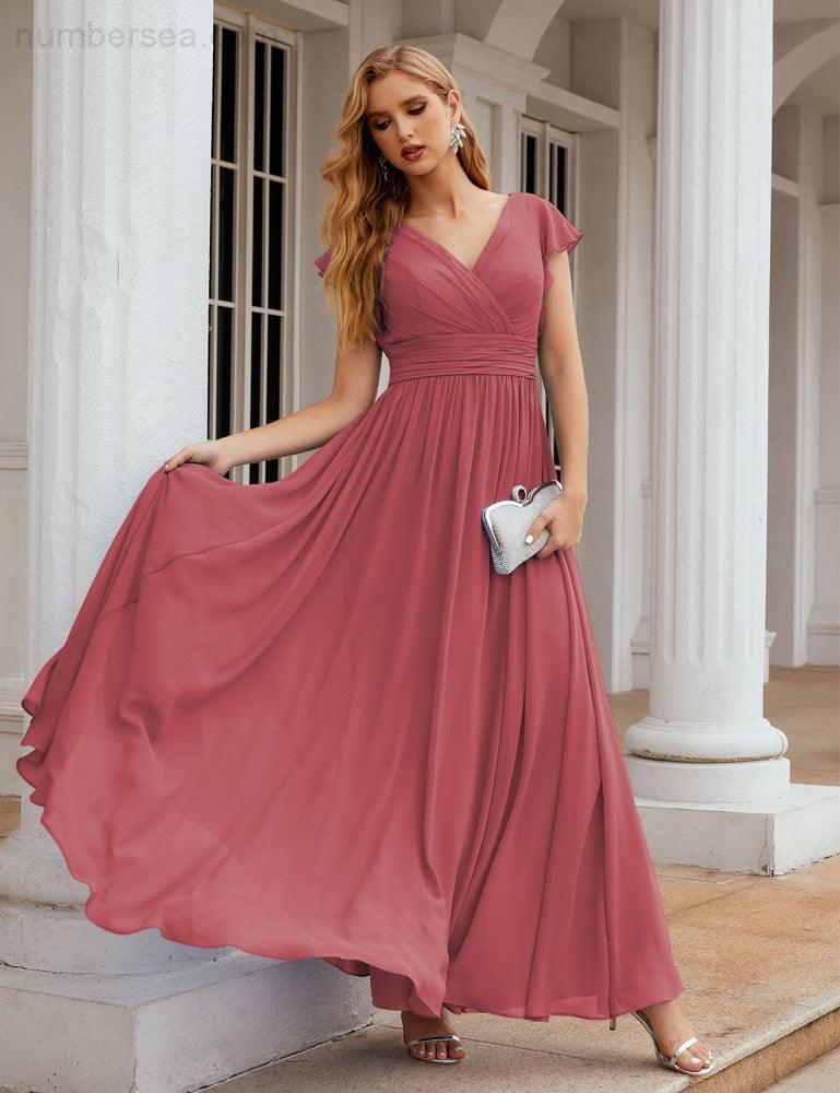 Numbersea V-Neck Bridesmaid Dress Floor Length Backless Formal Evening Dress 28024