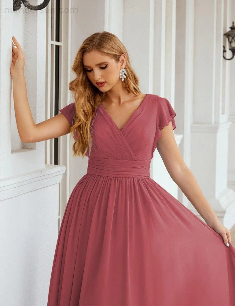 Numbersea V-Neck Bridesmaid Dress Floor Length Backless Formal Evening Dress 28024