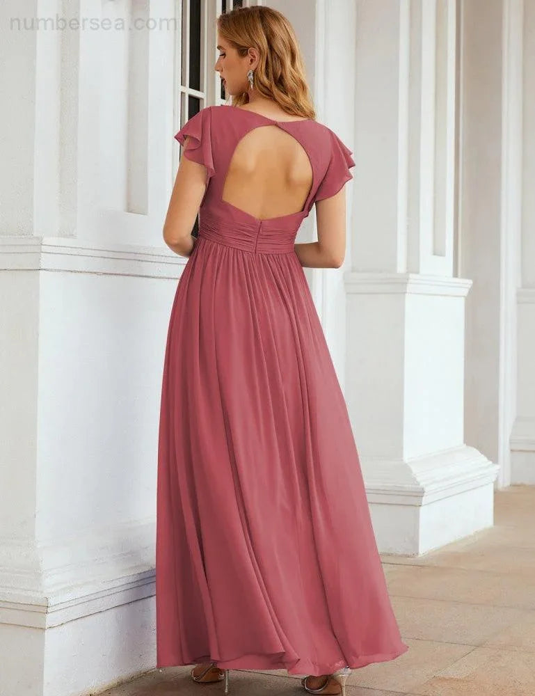 Numbersea V-Neck Bridesmaid Dress Floor Length Backless Formal Evening Dress 28024