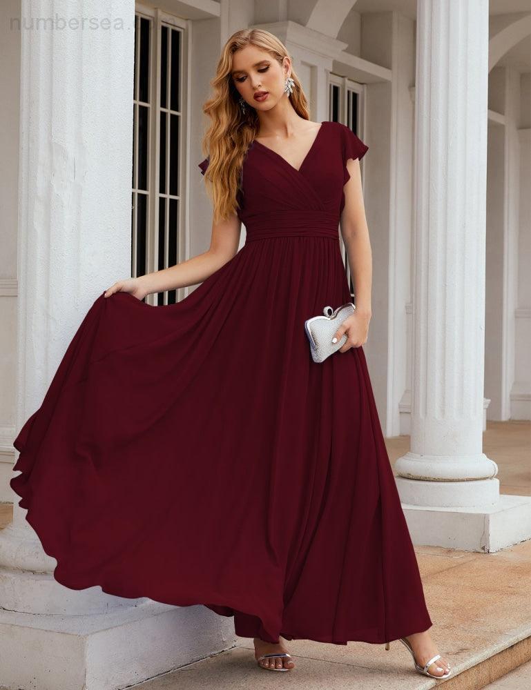 Numbersea V-Neck Bridesmaid Dress Floor Length Backless Formal Evening Dress 28024