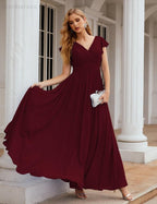 Numbersea V-Neck Bridesmaid Dress Floor Length Backless Formal Evening Dress 28024