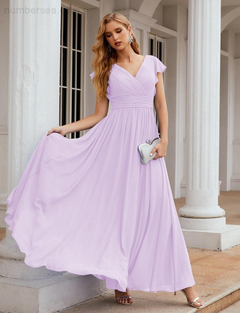 Numbersea V-Neck Bridesmaid Dress Floor Length Backless Formal Evening Dress 28024