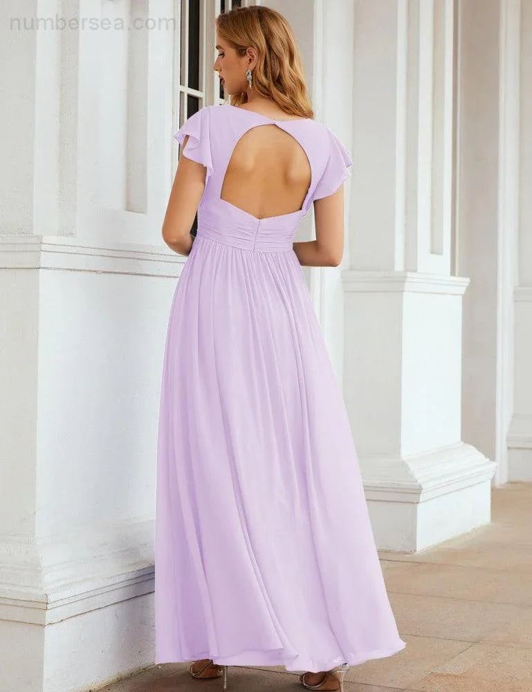 Numbersea V-Neck Bridesmaid Dress Floor Length Backless Formal Evening Dress 28024