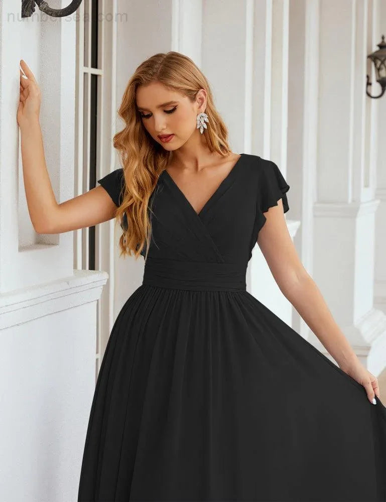 Numbersea V-Neck Bridesmaid Dress Floor Length Backless Formal Evening Dress 28024