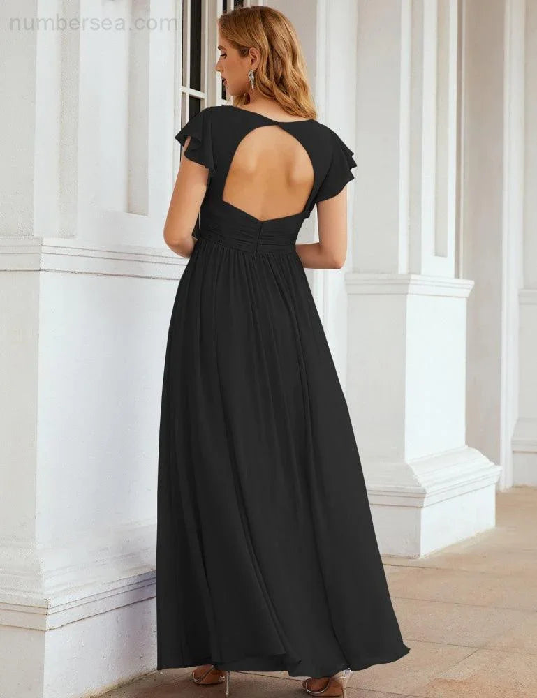 Numbersea V-Neck Bridesmaid Dress Floor Length Backless Formal Evening Dress 28024
