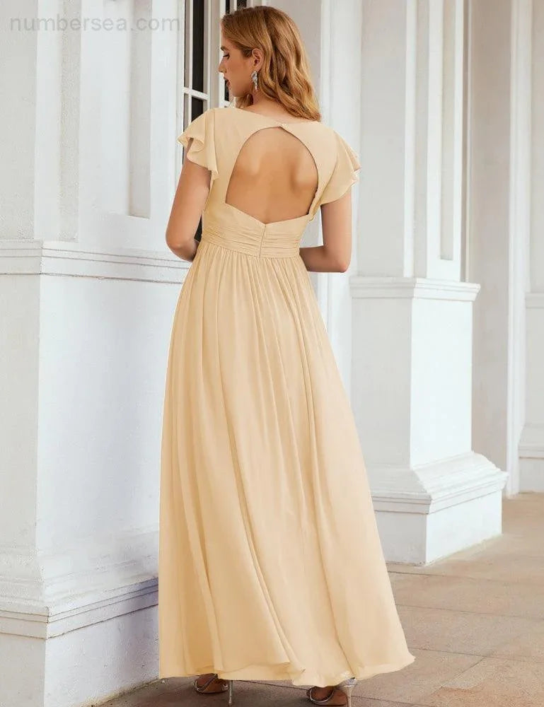 Numbersea V-Neck Bridesmaid Dress Floor Length Backless Formal Evening Dress 28024
