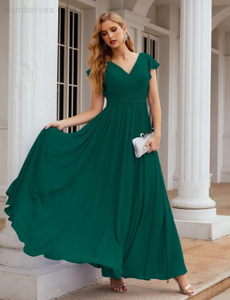 Numbersea V-Neck Bridesmaid Dress Floor Length Backless Formal Evening Dress 28024