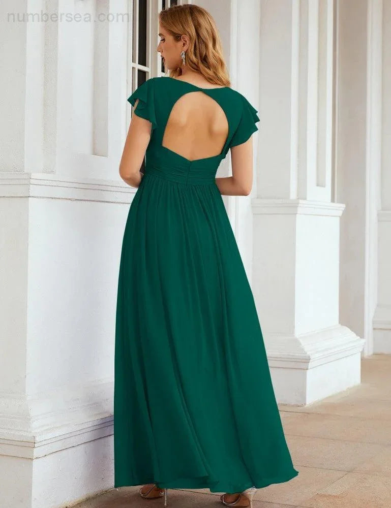 Numbersea V-Neck Bridesmaid Dress Floor Length Backless Formal Evening Dress 28024