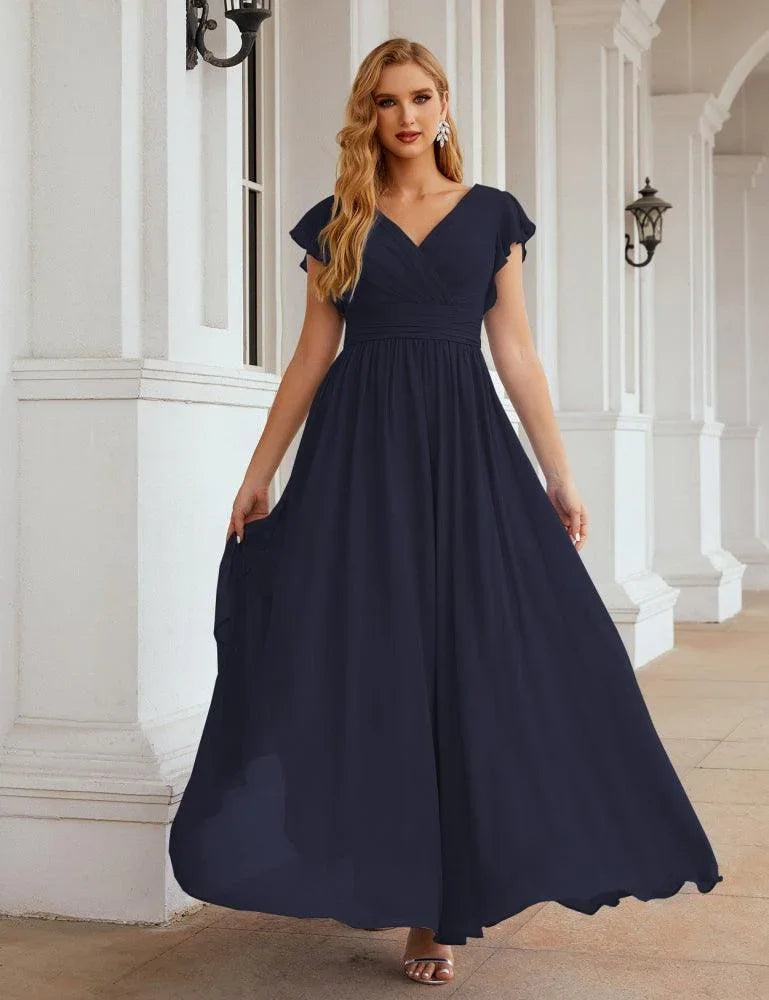 Numbersea V-Neck Bridesmaid Dress Floor Length Backless Formal Evening Dress 28024