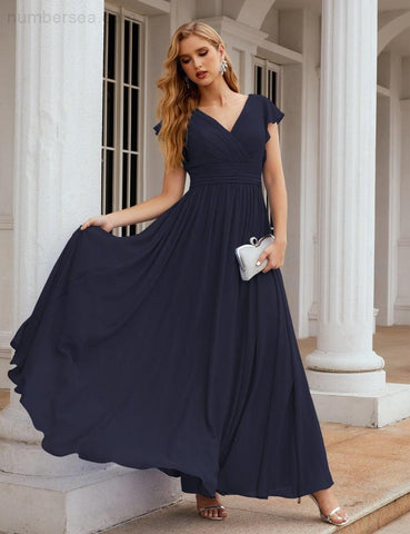 Numbersea V-Neck Bridesmaid Dress Floor Length Backless Formal Evening Dress 28024