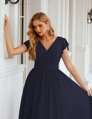 Numbersea V-Neck Bridesmaid Dress Floor Length Backless Formal Evening Dress 28024