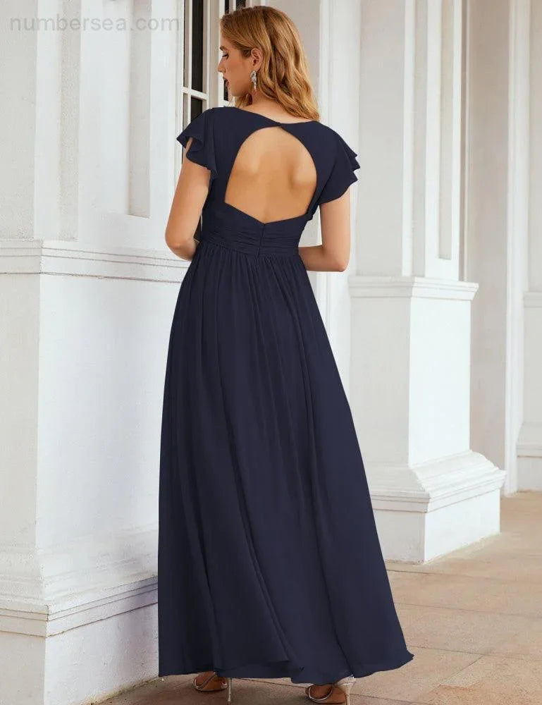 Numbersea V-Neck Bridesmaid Dress Floor Length Backless Formal Evening Dress 28024