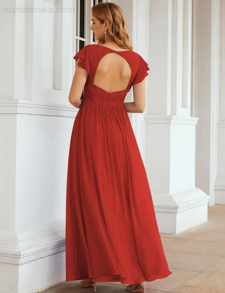 Numbersea V-Neck Bridesmaid Dress Floor Length Backless Formal Evening Dress 28024