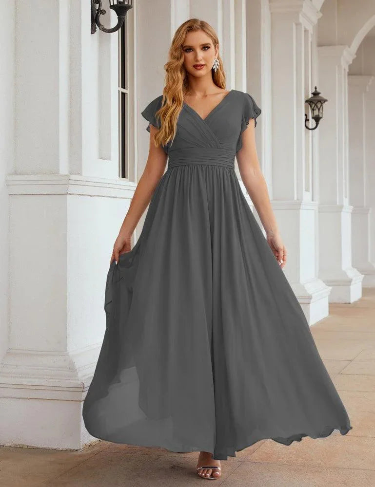 Numbersea V-Neck Bridesmaid Dress Floor Length Backless Formal Evening Dress 28024