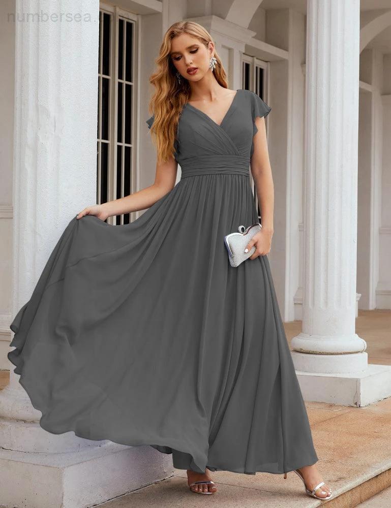 Numbersea V-Neck Bridesmaid Dress Floor Length Backless Formal Evening Dress 28024