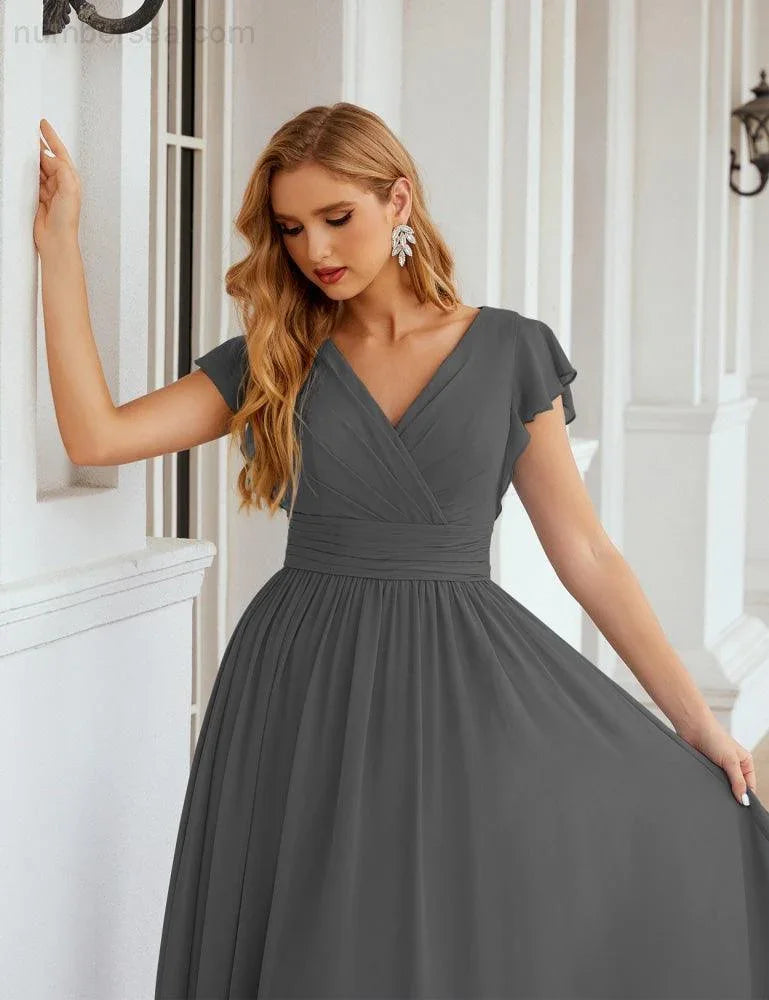Numbersea V-Neck Bridesmaid Dress Floor Length Backless Formal Evening Dress 28024