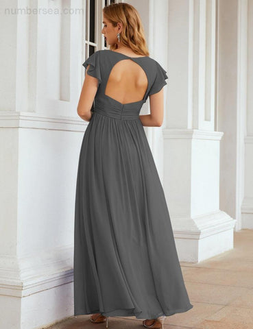 Numbersea V-Neck Bridesmaid Dress Floor Length Backless Formal Evening Dress 28024