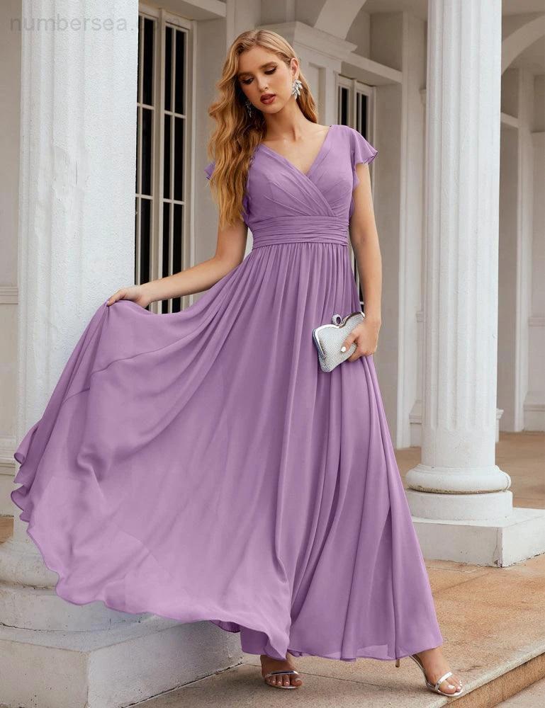 Numbersea V-Neck Bridesmaid Dress Floor Length Backless Formal Evening Dress 28024