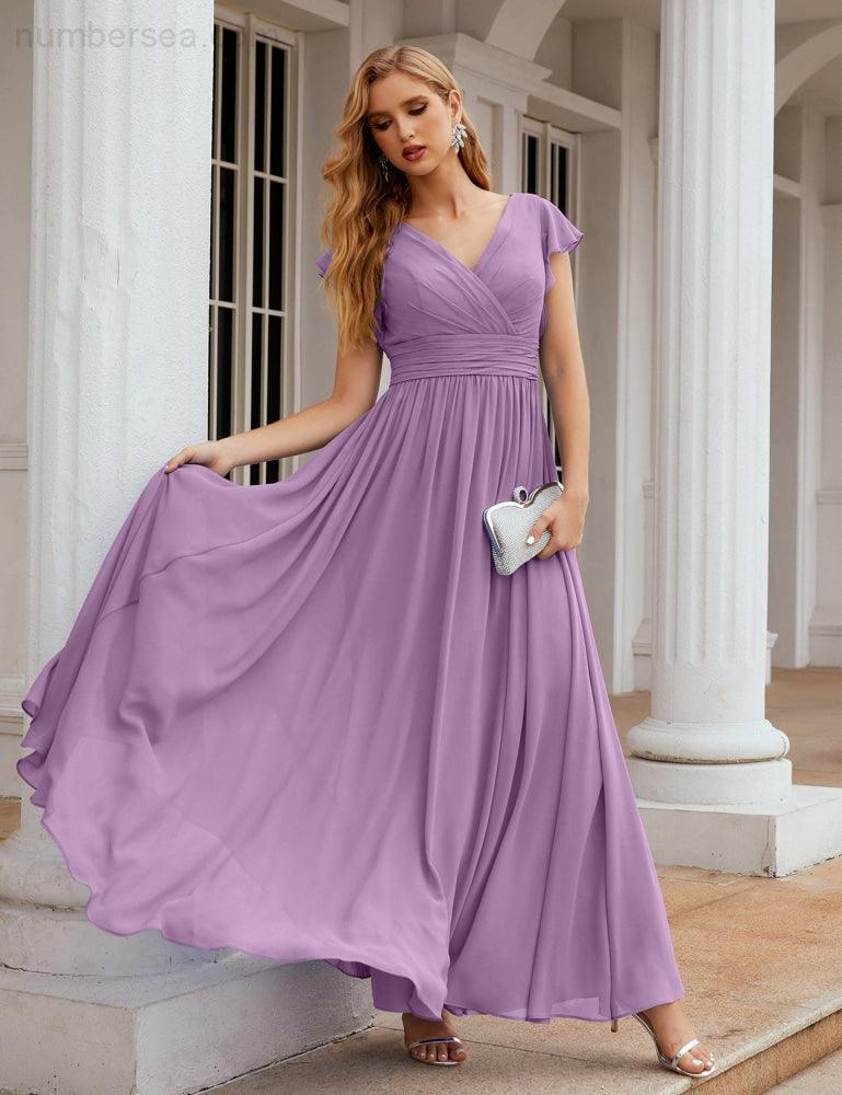 Numbersea V-Neck Bridesmaid Dress Floor Length Backless Formal Evening Dress 28024