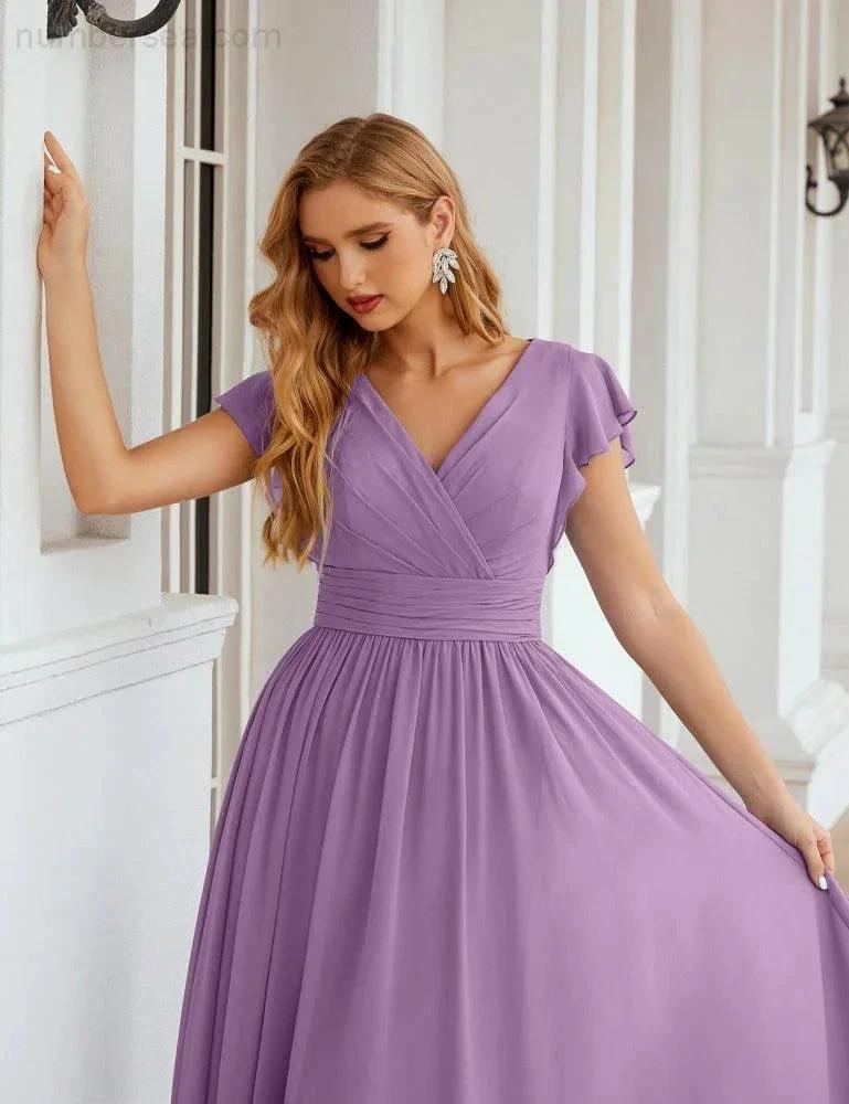 Numbersea V-Neck Bridesmaid Dress Floor Length Backless Formal Evening Dress 28024