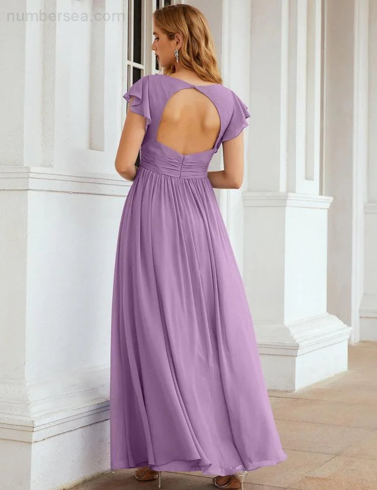 Numbersea V-Neck Bridesmaid Dress Floor Length Backless Formal Evening Dress 28024