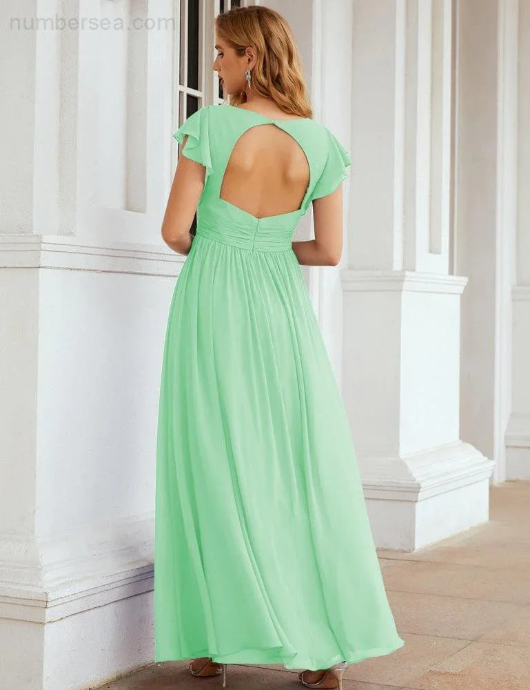 Numbersea V-Neck Bridesmaid Dress Floor Length Backless Formal Evening Dress 28024