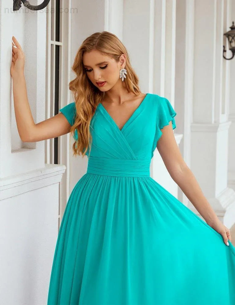Numbersea V-Neck Bridesmaid Dress Floor Length Backless Formal Evening Dress 28024