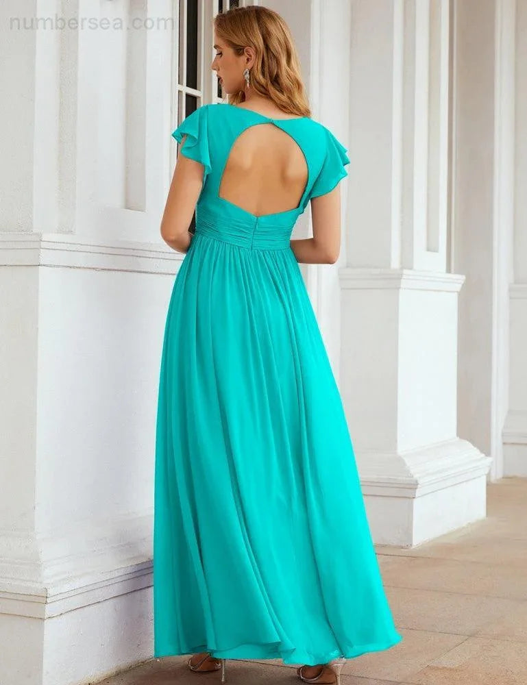 Numbersea V-Neck Bridesmaid Dress Floor Length Backless Formal Evening Dress 28024