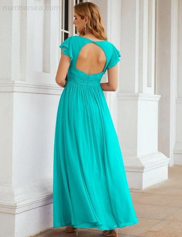 Numbersea V-Neck Bridesmaid Dress Floor Length Backless Formal Evening Dress 28024