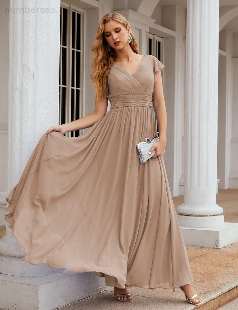 Numbersea V-Neck Bridesmaid Dress Floor Length Backless Formal Evening Dress 28024