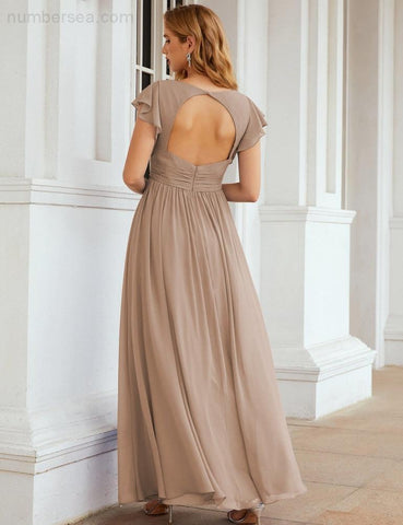 Numbersea V-Neck Bridesmaid Dress Floor Length Backless Formal Evening Dress 28024
