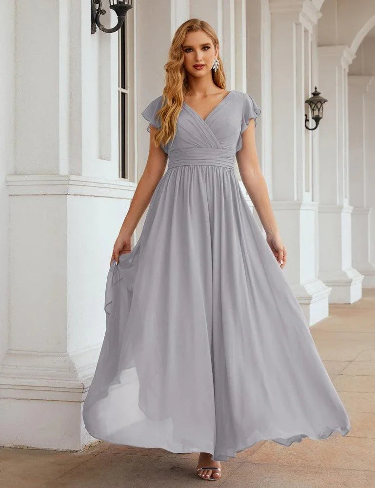 Numbersea V-Neck Bridesmaid Dress Floor Length Backless Formal Evening Dress 28024
