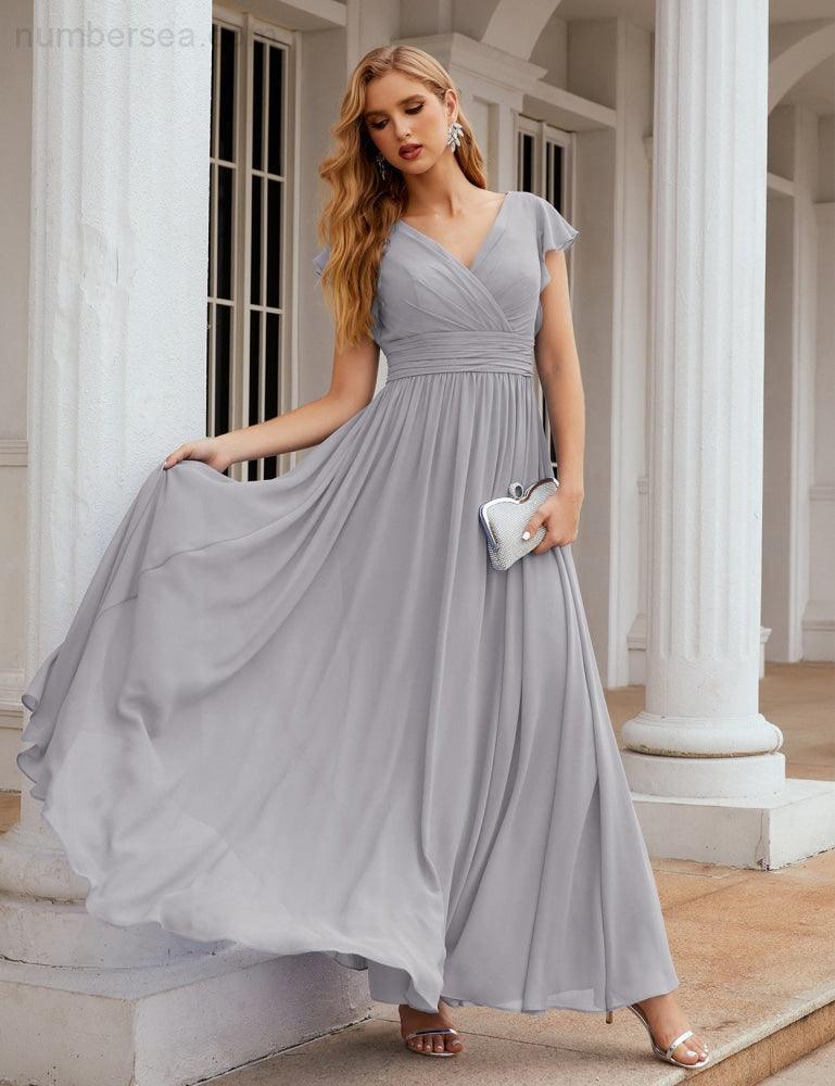 Numbersea V-Neck Bridesmaid Dress Floor Length Backless Formal Evening Dress 28024