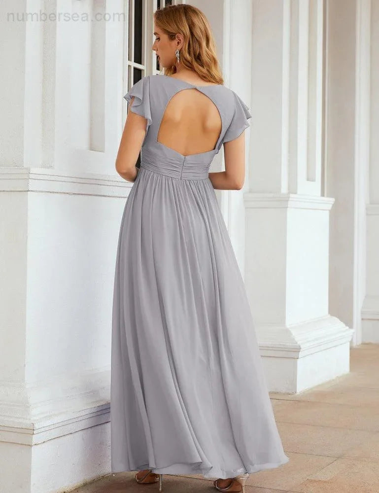 Numbersea V-Neck Bridesmaid Dress Floor Length Backless Formal Evening Dress 28024