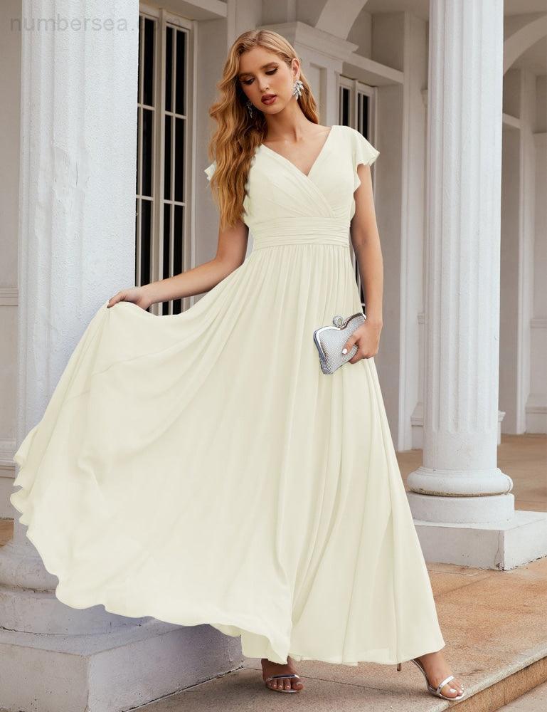 Numbersea V-Neck Bridesmaid Dress Floor Length Backless Formal Evening Dress 28024