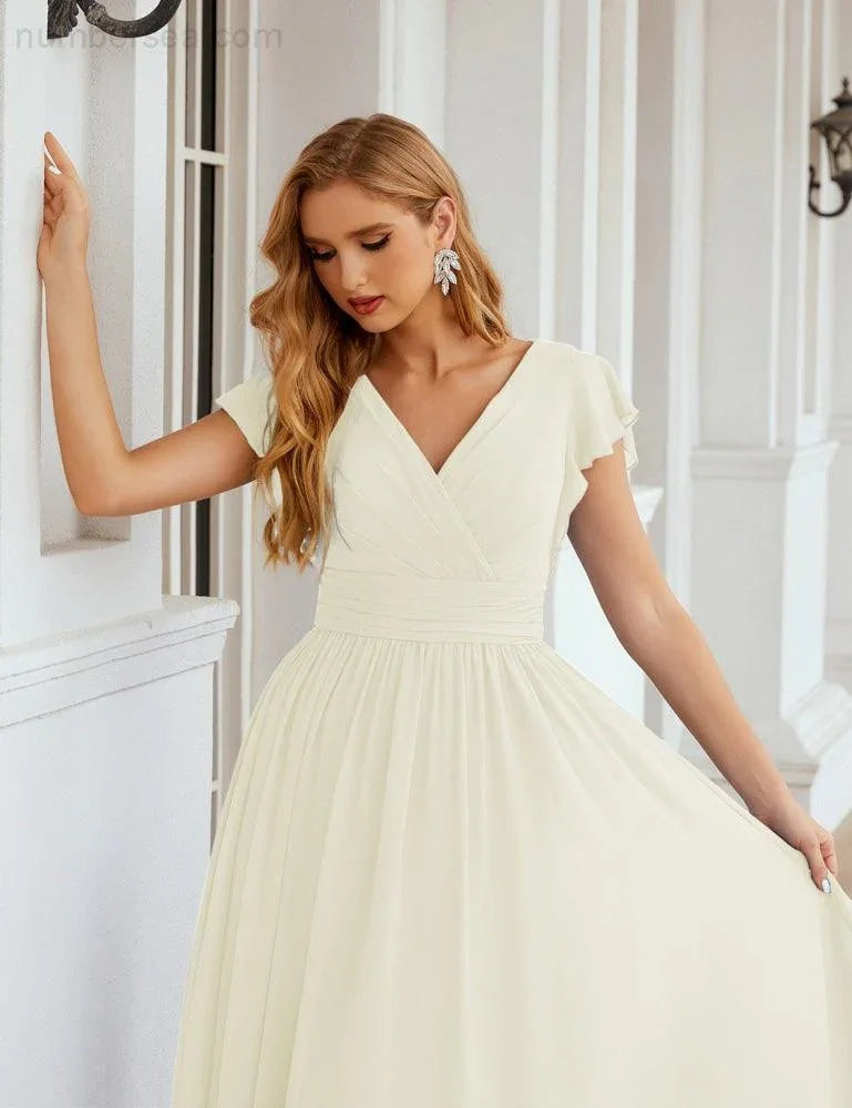 Numbersea V-Neck Bridesmaid Dress Floor Length Backless Formal Evening Dress 28024