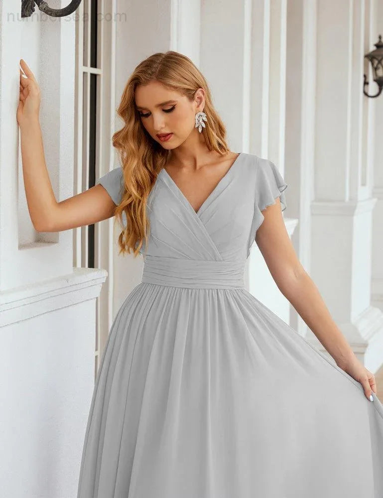 Numbersea V-Neck Bridesmaid Dress Floor Length Backless Formal Evening Dress 28024