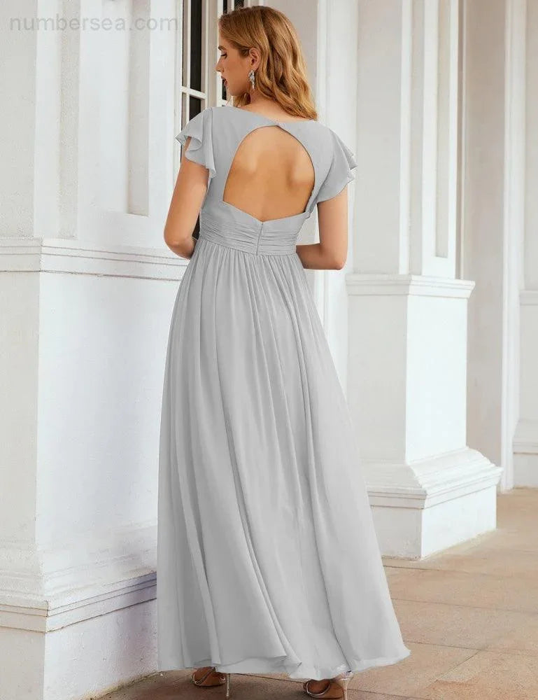 Numbersea V-Neck Bridesmaid Dress Floor Length Backless Formal Evening Dress 28024