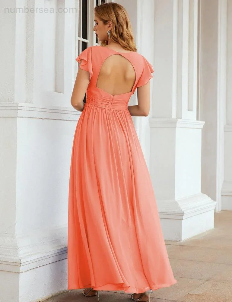 Numbersea V-Neck Bridesmaid Dress Floor Length Backless Formal Evening Dress 28024
